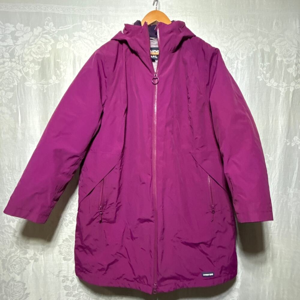 Lands End 3 in 1 Coat 1X Magenta Purple Zip Out Liner Hooded Long Line Full Zip